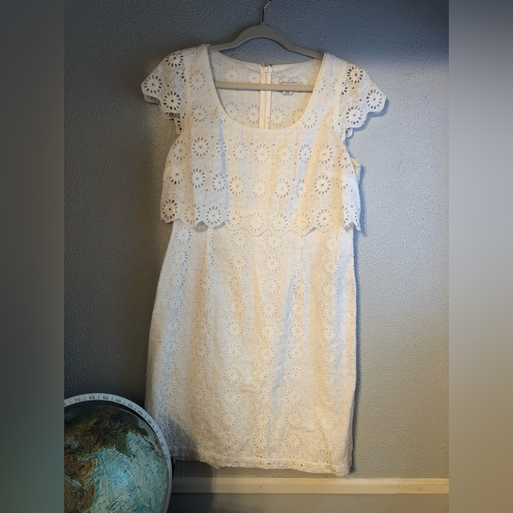 White eyelet cap sleeve dress with overlay top